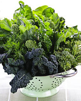 colander full of kale, broccoli rabe, and sorrel